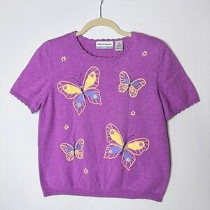 Cute Purple Butterfly Embroidered Top Sz M Petite Novelty Retro Grandmacore Knit
